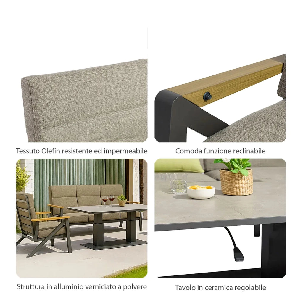 Set 4 Pezzi Salotto da Giardino 4 Posti Kea con Divano 2 Poltrone Reclinabili e Tavolino Piano in Ceramica in Alluminio