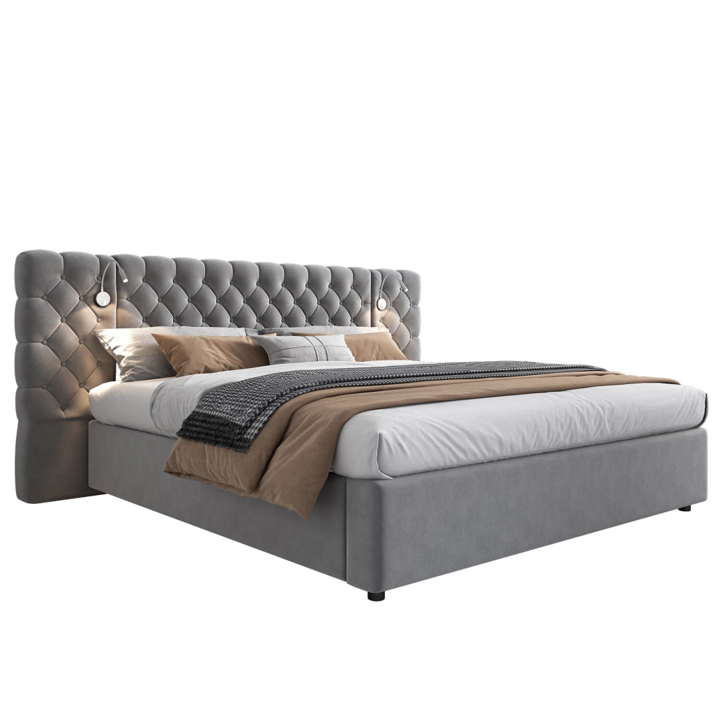 Letto matrimoniale contenitore 160x200 cm in velluto grigio
