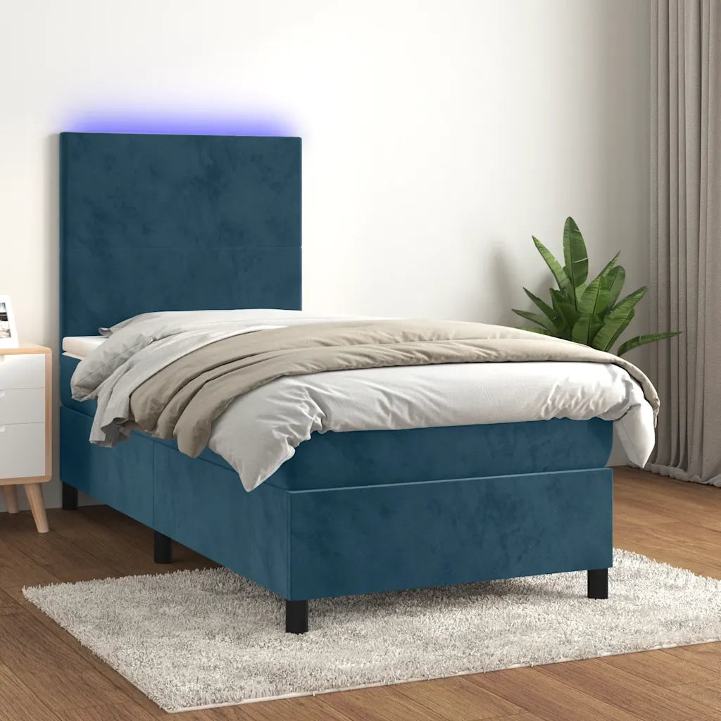 Letto a Molle con Materasso e LED Blu Scuro 90x190cm in Velluto