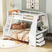 OKWISH Letto a castello 90×200 cm e 140×200 cm, Letto 3 Posti con Scrivania, Mensole e 3 Cassetti, senza Materasso, Bianco