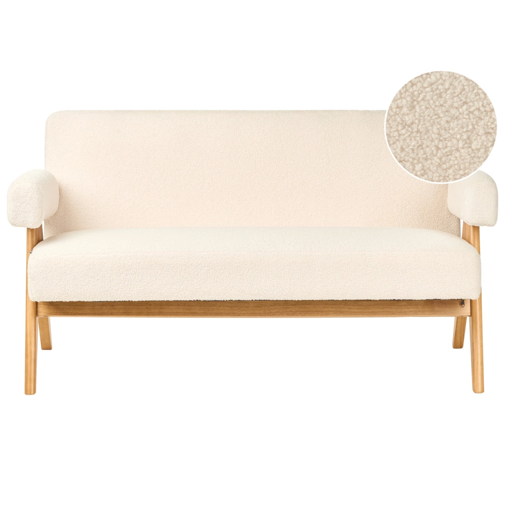 Divano a 2 posti Rivestimento in bouclé bianco sporco e marrone chiaro Design retrò Gambe in legno Soggiorno