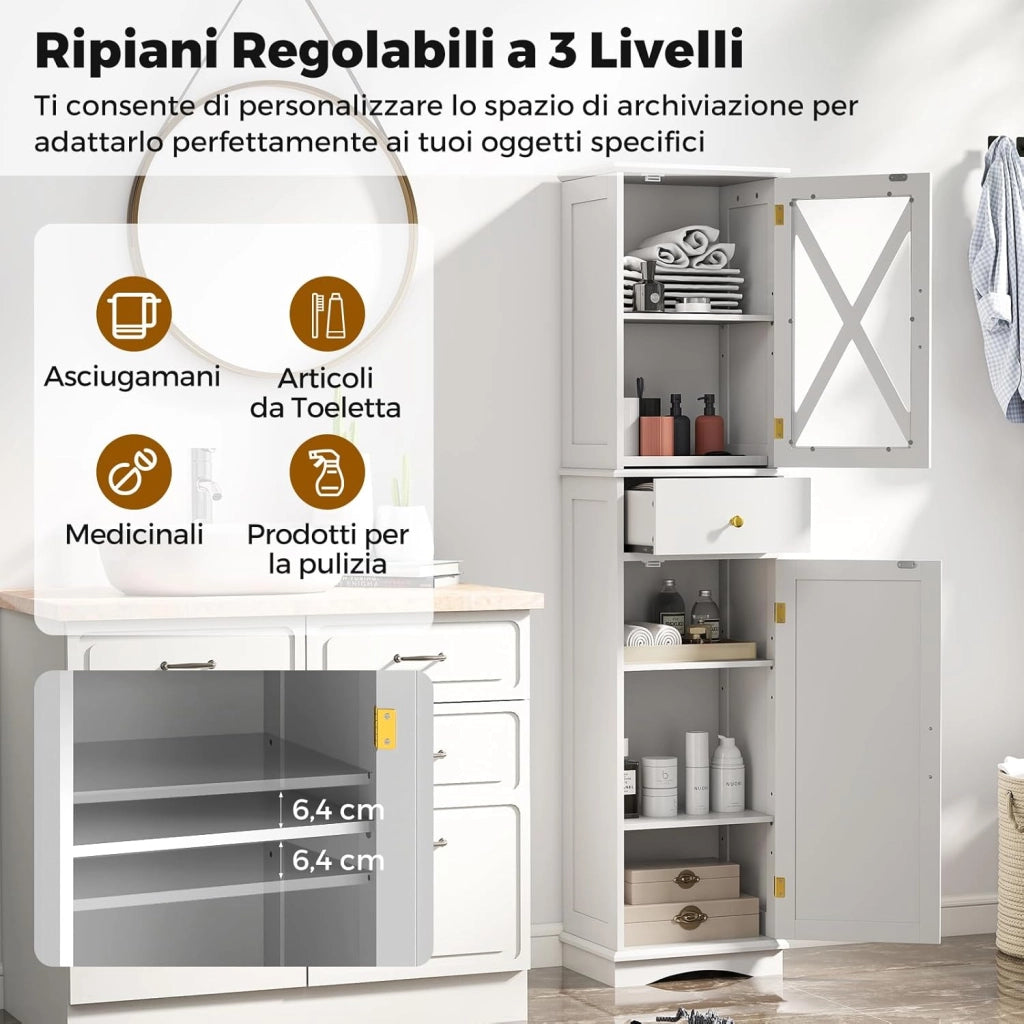 Armadietto da Bagno 40 x 30 x 168 cm, Colonna Bagno con Cassetto, 2 Ante e 3 Ripiani Regolabili, Mobiletto Salvaspazio per Cucina, Soggiorno e Ufficio (Bianco)