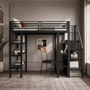 DESMIU Letto a Soppalco 2 Posti con Scrivania, Armadio, 3 Ripiani e Scala Contenitore 140 × 200 cm Senza Materasso