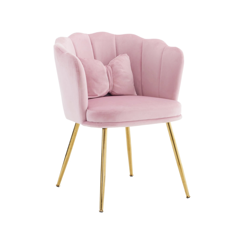 Sedie da pranzo, 2 pezzi in velluto rosa con schienale a petalo e gambe in metallo dorato, per soggiorno e sala da pranzo