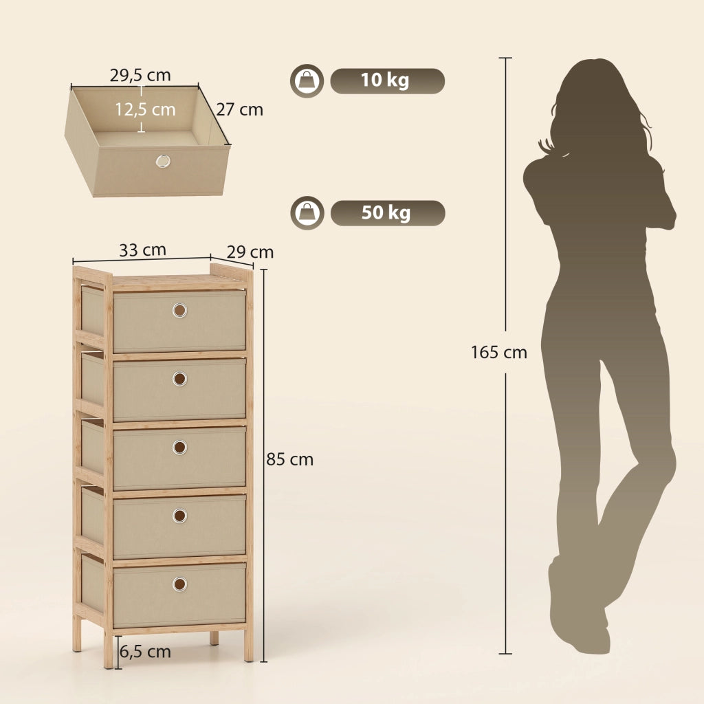 Cassettiera 5 Cassetti Tessuto Bamb¨´ ¨C Xylo ¨C Crema Naturale Struttura Legno Mobile Multiuso