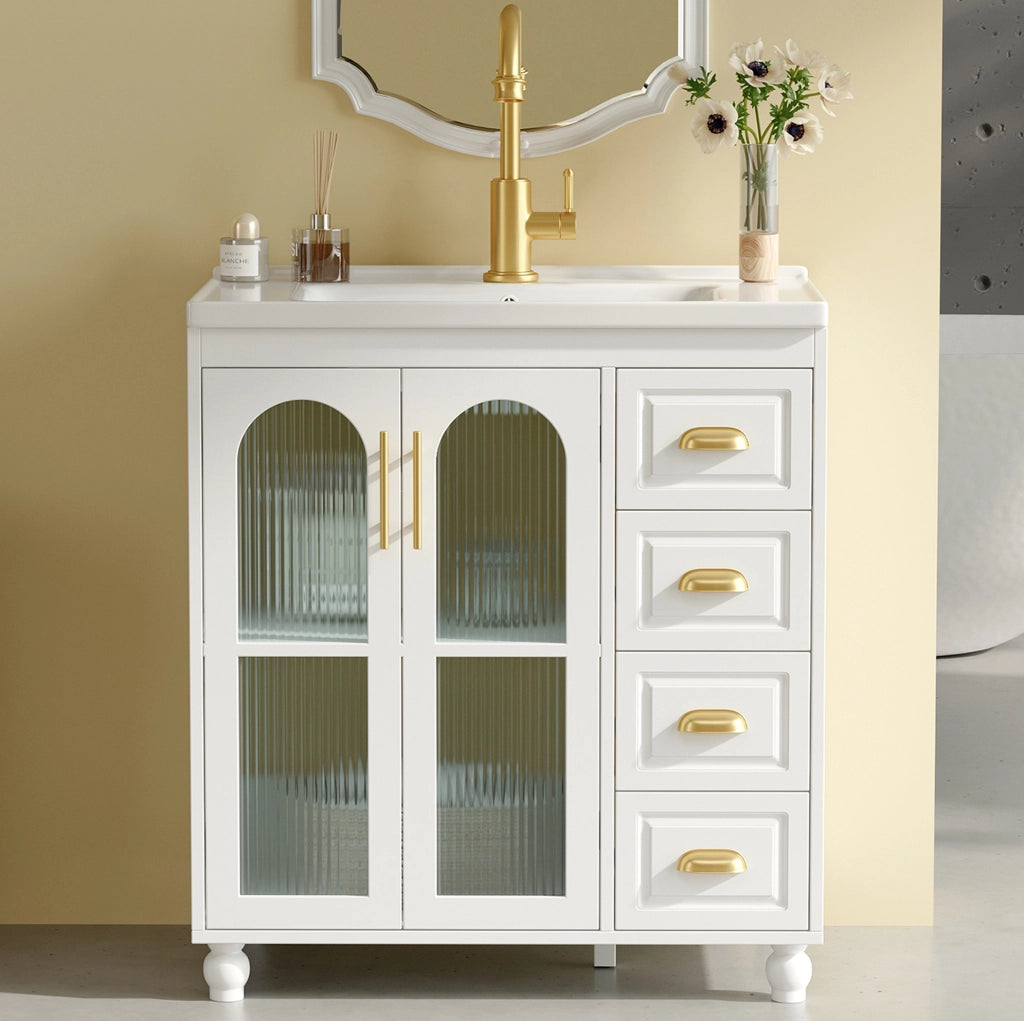 Mobile bagno con lavabo 80 cm in MDF bianco con lavabo in porcellana e 3 cassetti