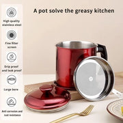 Contenitore per olio con filtro, 52 oz contenitore in acciaio lucido rosso inox, contenitore per olio con coperchio, maniglia facile da afferrare adatto per il contenimento dell'olio di frittura e del grasso di cottura