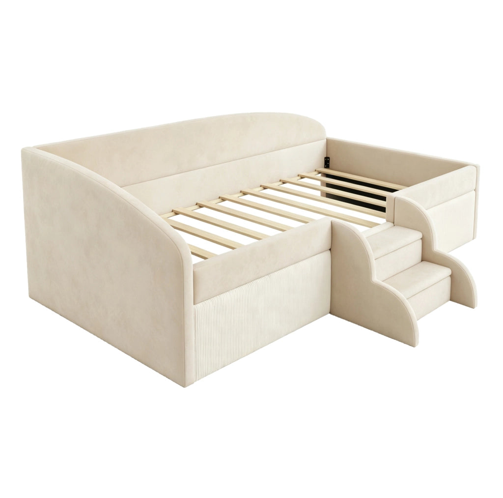 Letto imbottito bambini 90x190 cm con gradini e sponde in velluto beige