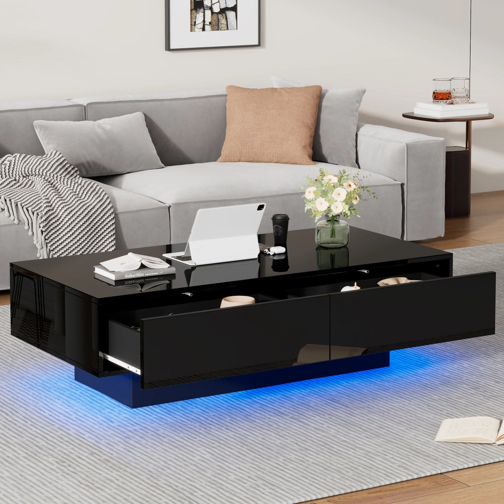Tavolino da salotto nero lucido 115x55x34 cm con 2 cassetti e LED