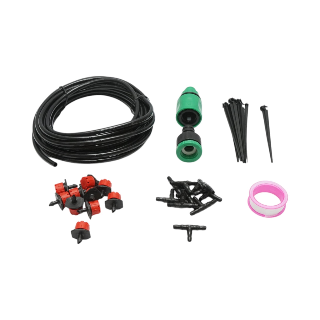 Kit completo per irrigazione a goccia con tubo da 5,5 m, ugelli, connettori e aste di fissaggio (34 pezzi)