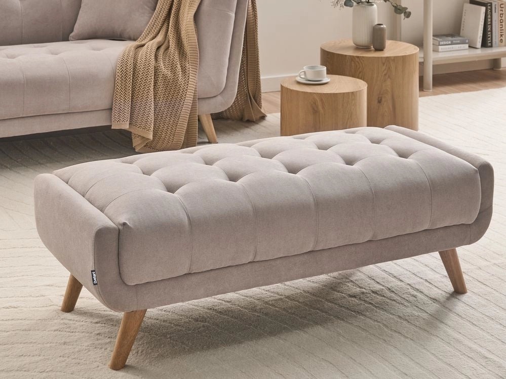 Pouf rettangolare in tessuto color tortora, stile retrò, per soggiorno, con gambe in legno