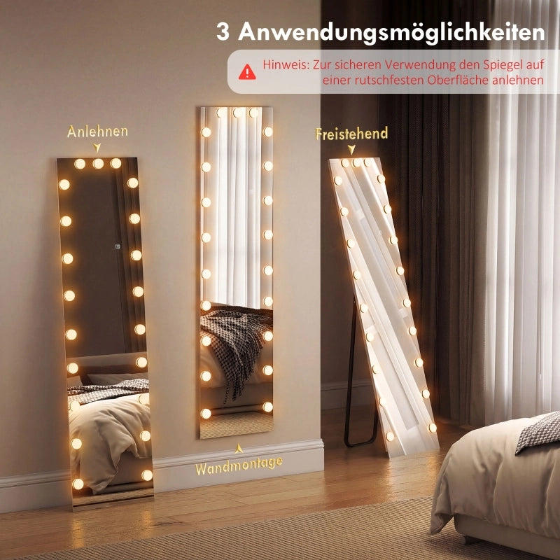 Specchio a figura intera 150x40 cm con illuminazione a LED RGB, 21 lampadine, 7 colori di luce, interruttore touch e funzione memoria.
