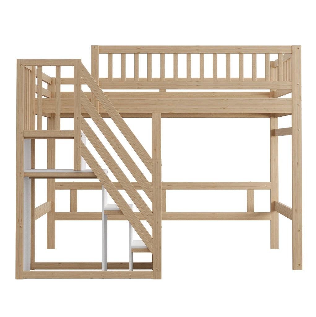 Letto in Legno Massello 140x200 cm con Scala Contenitore e Sponda Alta, Letto Bambini e Ragazzi Colore Legno