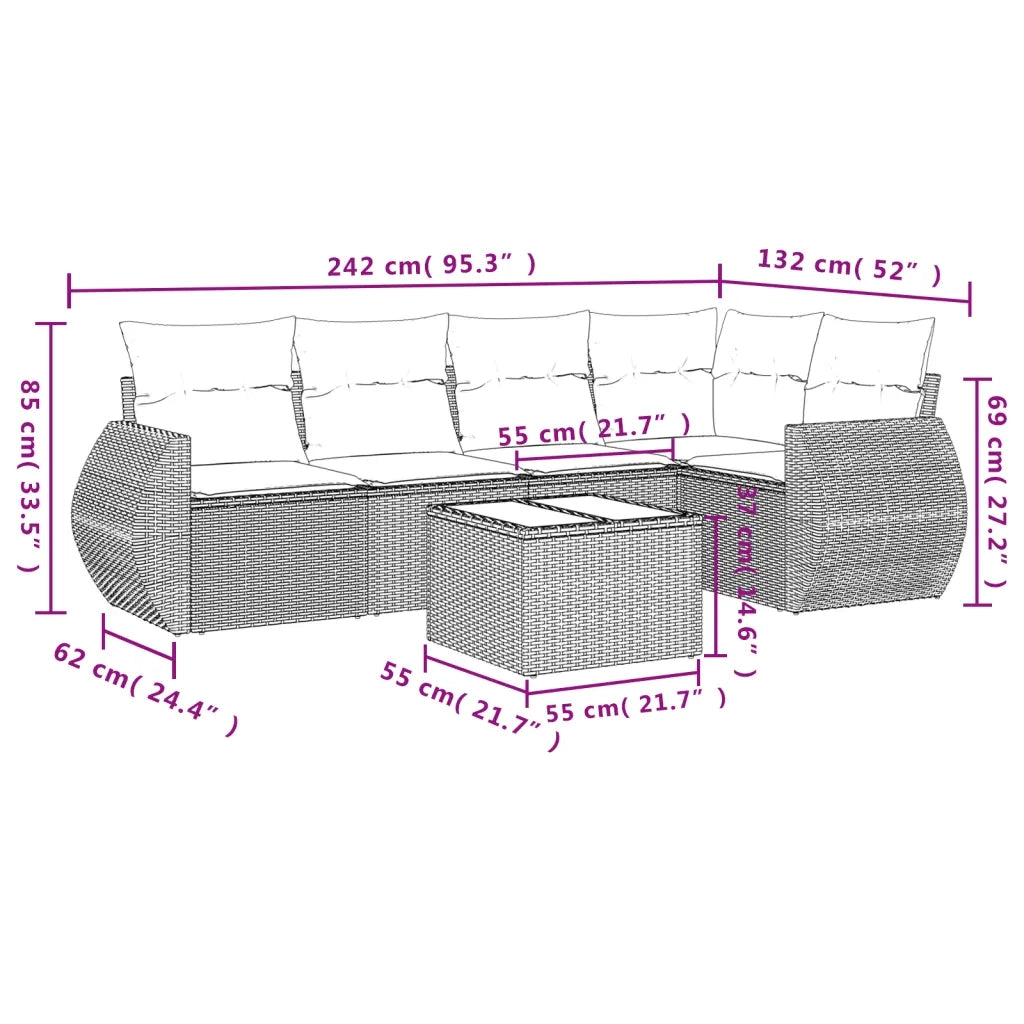 Set Divano da Giardino 6pz con Cuscini Grigio Chiaro Polyrattan