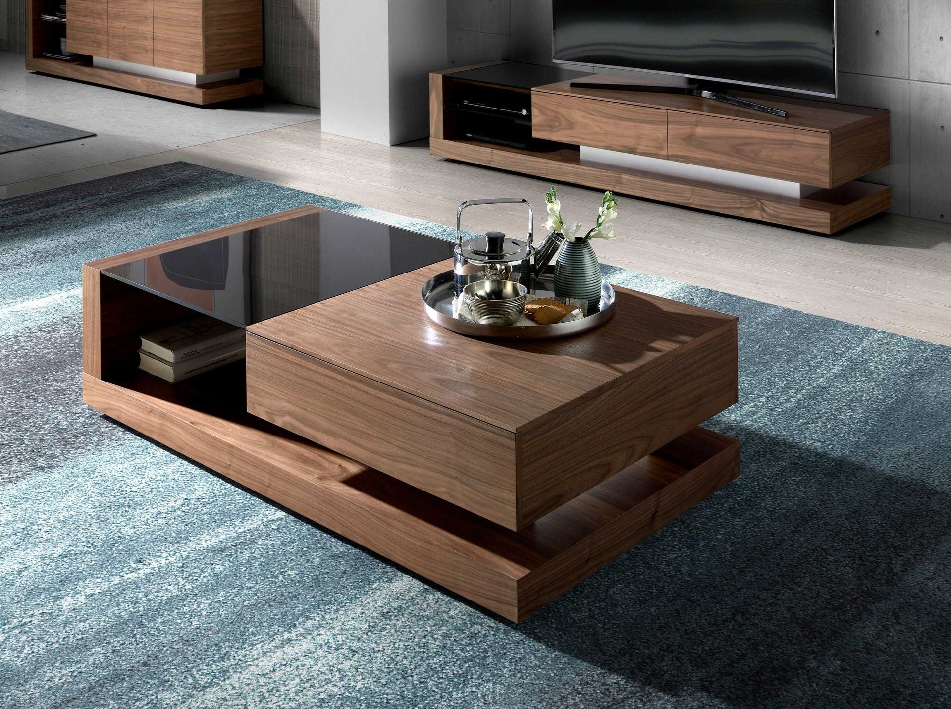 Tavolino rettangolare Tavolino rettangolare Vetro nero e noce