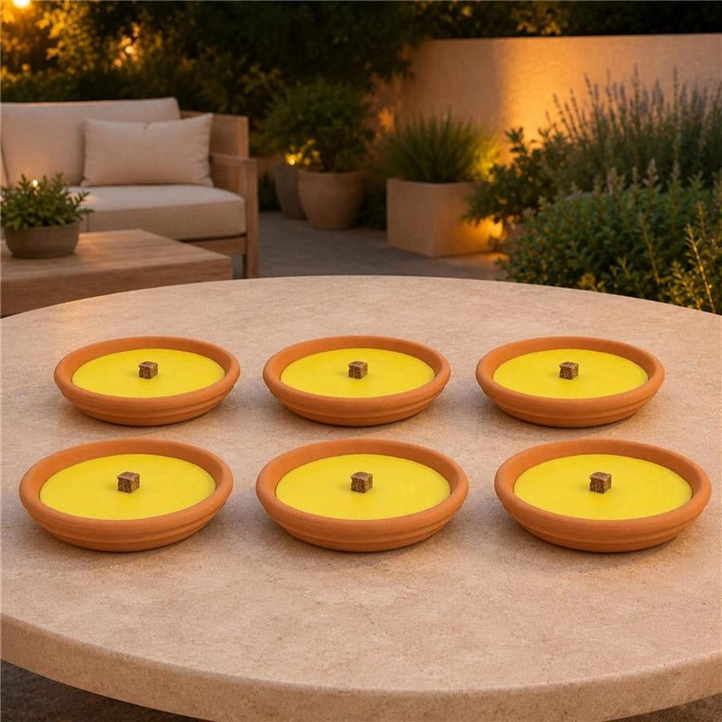 SET 6 CANDELE ALLA CITRONELLA IN CIOTOLA DI TERRACOTTA Ø14 CM – CANDELE DA ESTERNO