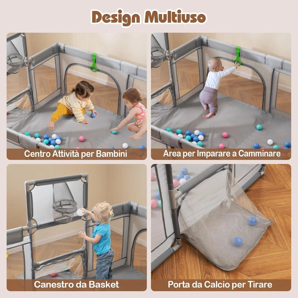 Box Bambini 190 x 160 cm, Recinto Pieghevole Bambini con Canestro da Basket, 2 Porte da Calcio, 50 Palline e 4 Anelli, Centro Attività con Borsa Trasporto per Neonati 0-3 Anni