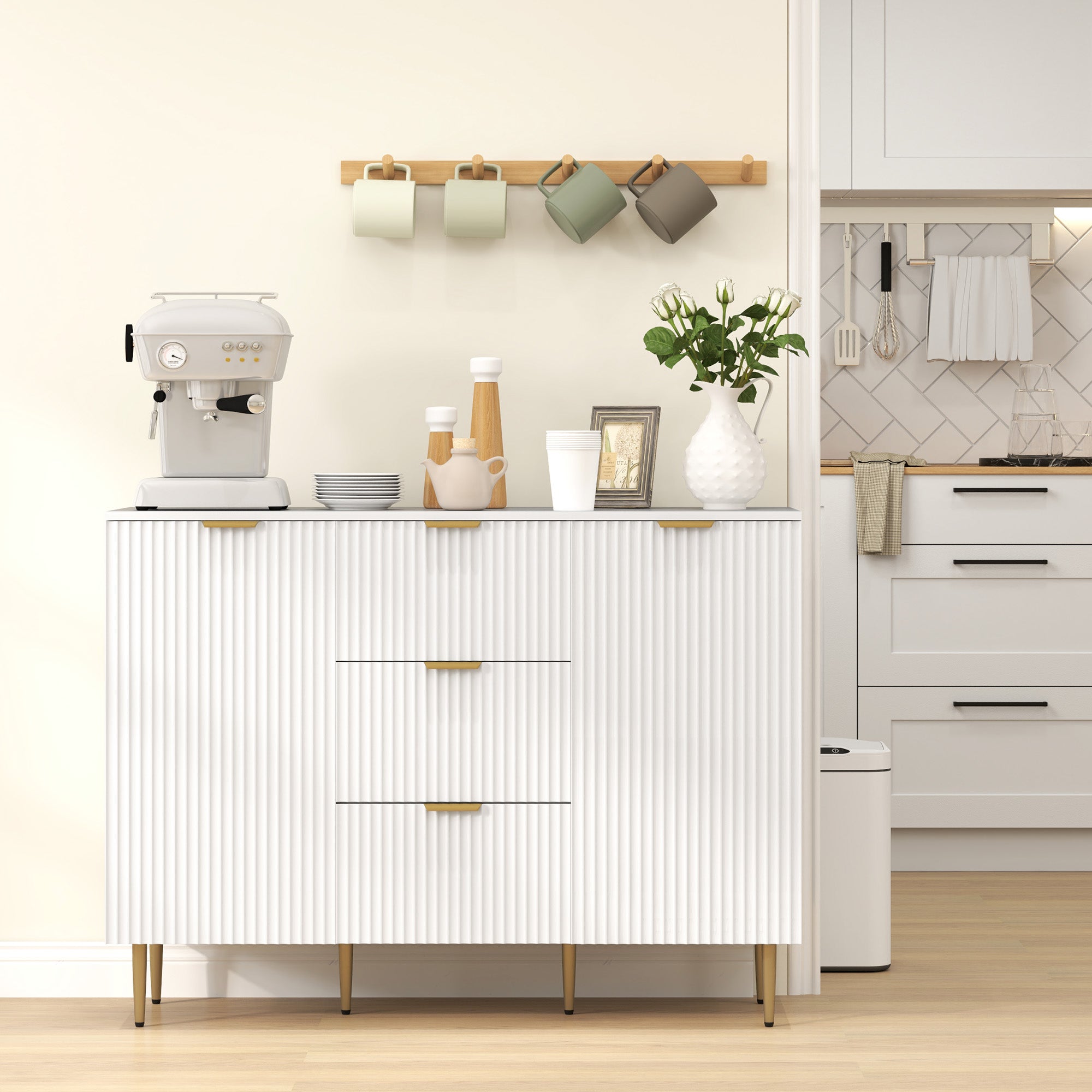 Credenza Moderna 120x40x89,5 cm con 3 Cassetti e 2 Armadietti in Legno e Metallo Bianco
