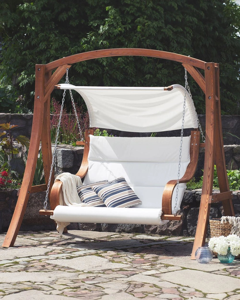 Dondolo da Giardino Struttura in Legno di Larice Tessuto Bianco da Esterno 2 Posti con Baldacchino
