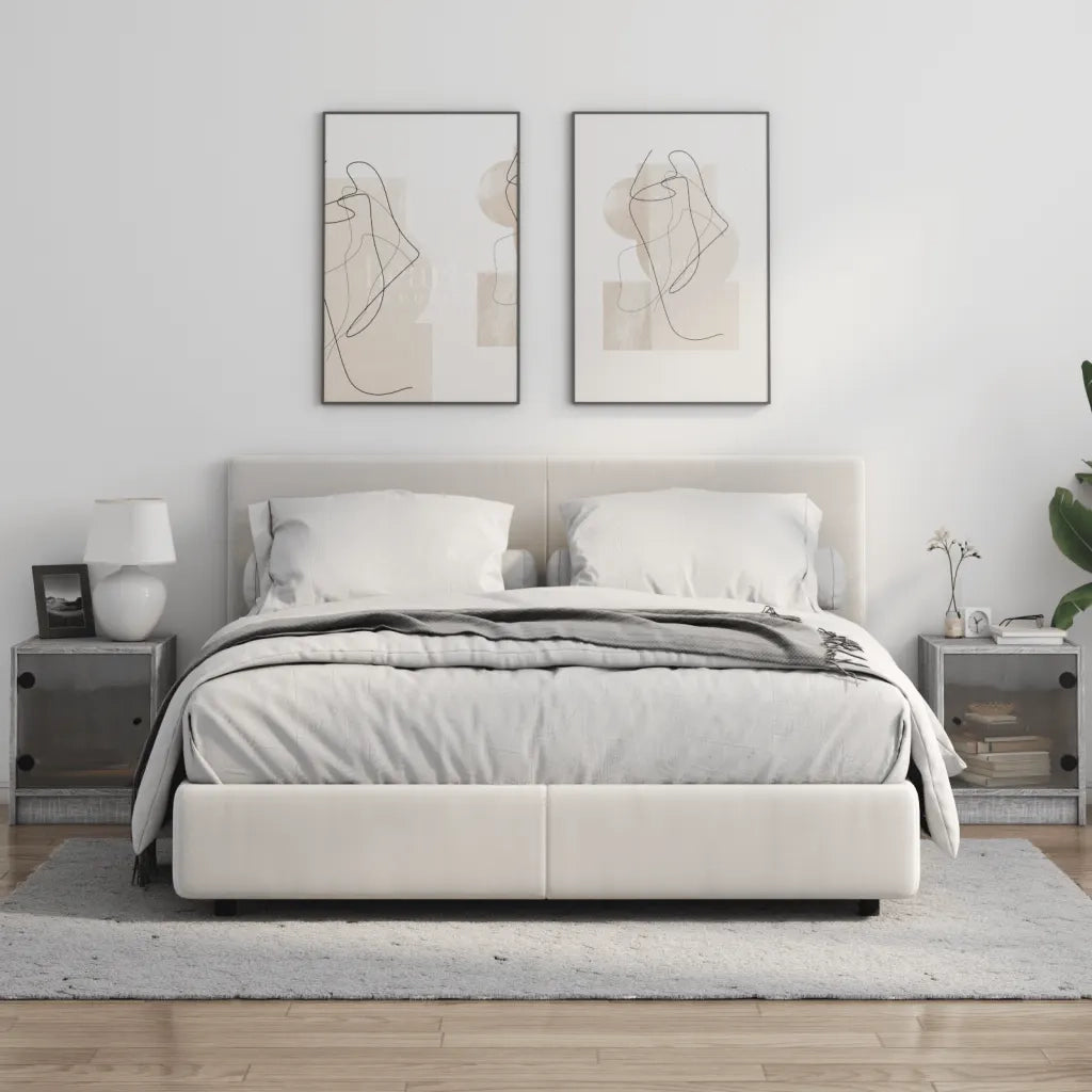 Set di 2 Comodini | Armadio da Notte | Mobiletto da notte con Ante in Vetro Grigio Sonoma 35x37x42 cm