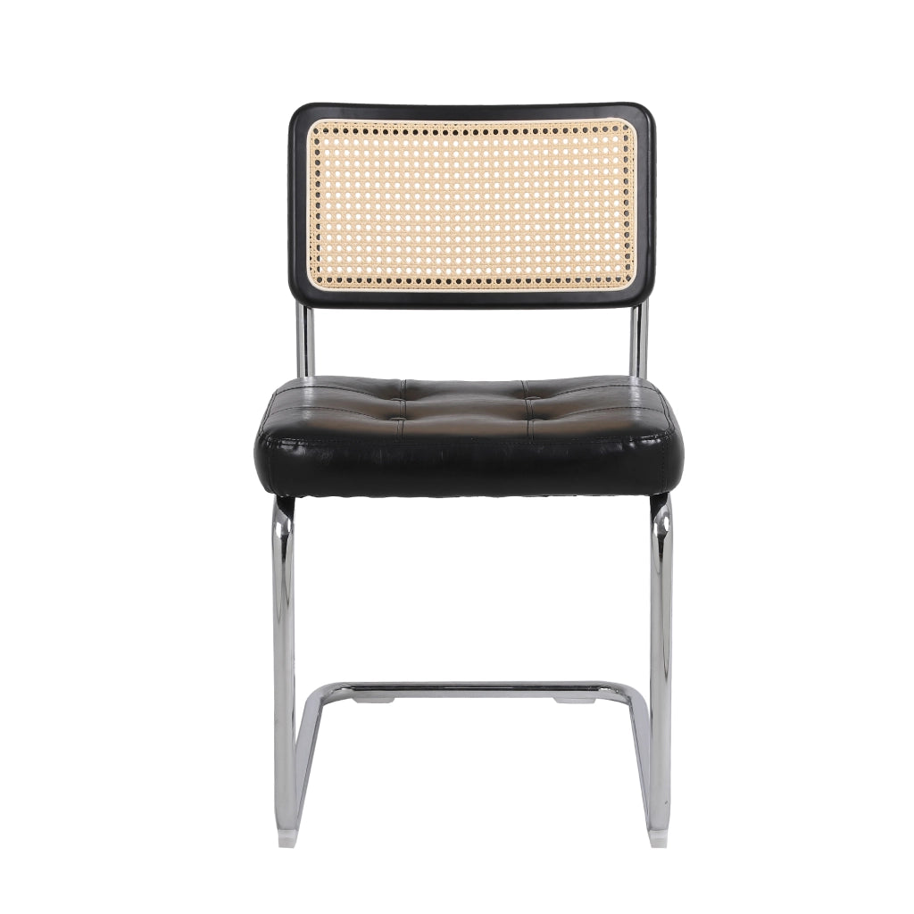 Sedie da Pranzo Set 2 Pezzi ¨C MINIMAL ¨C Rattan, Ecopelle, Schienale a Rete, Gambe in Metallo, Nero