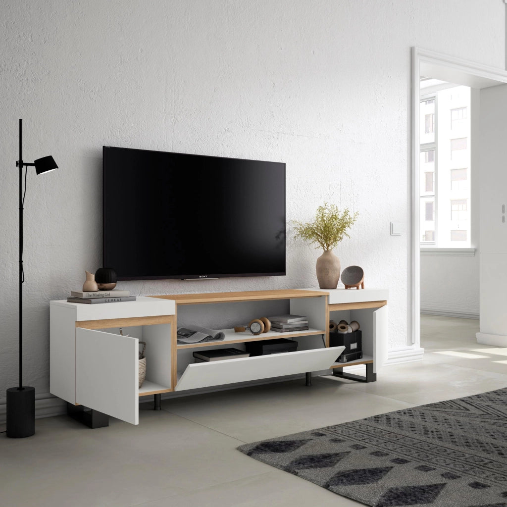 Mobile TV Soggiorno, 200x57x35cm, Per TV fino a 80", Design industriale, Bianco e Rovere soft