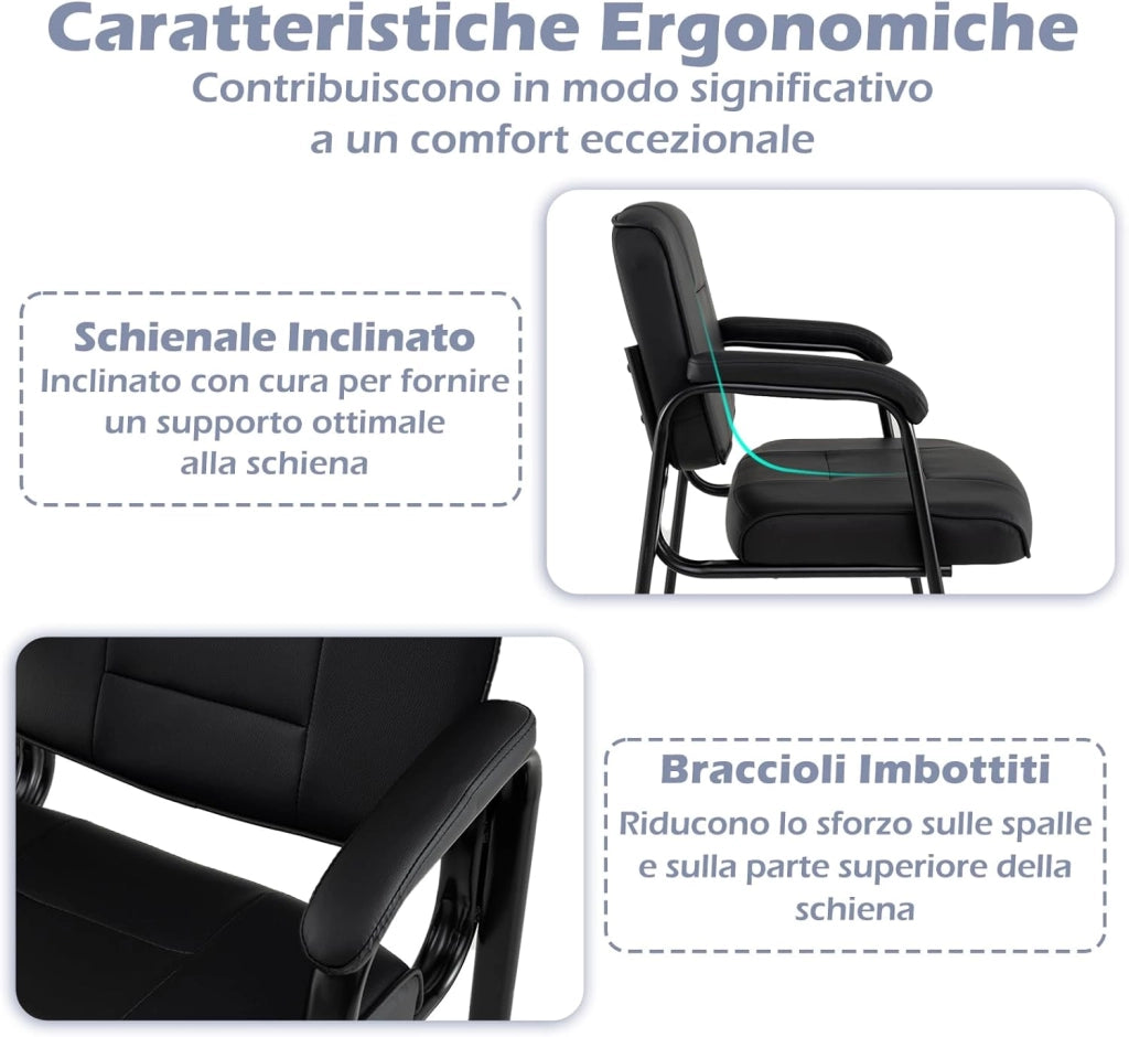 Set di 2 Sedie da Ufficio, Sedia per Sala d'Attesa con Struttura in Metallo, Braccioli Imbottiti, Sedia da Ospiti per Ufficio Riunioni, Portata 180kg (Nero)