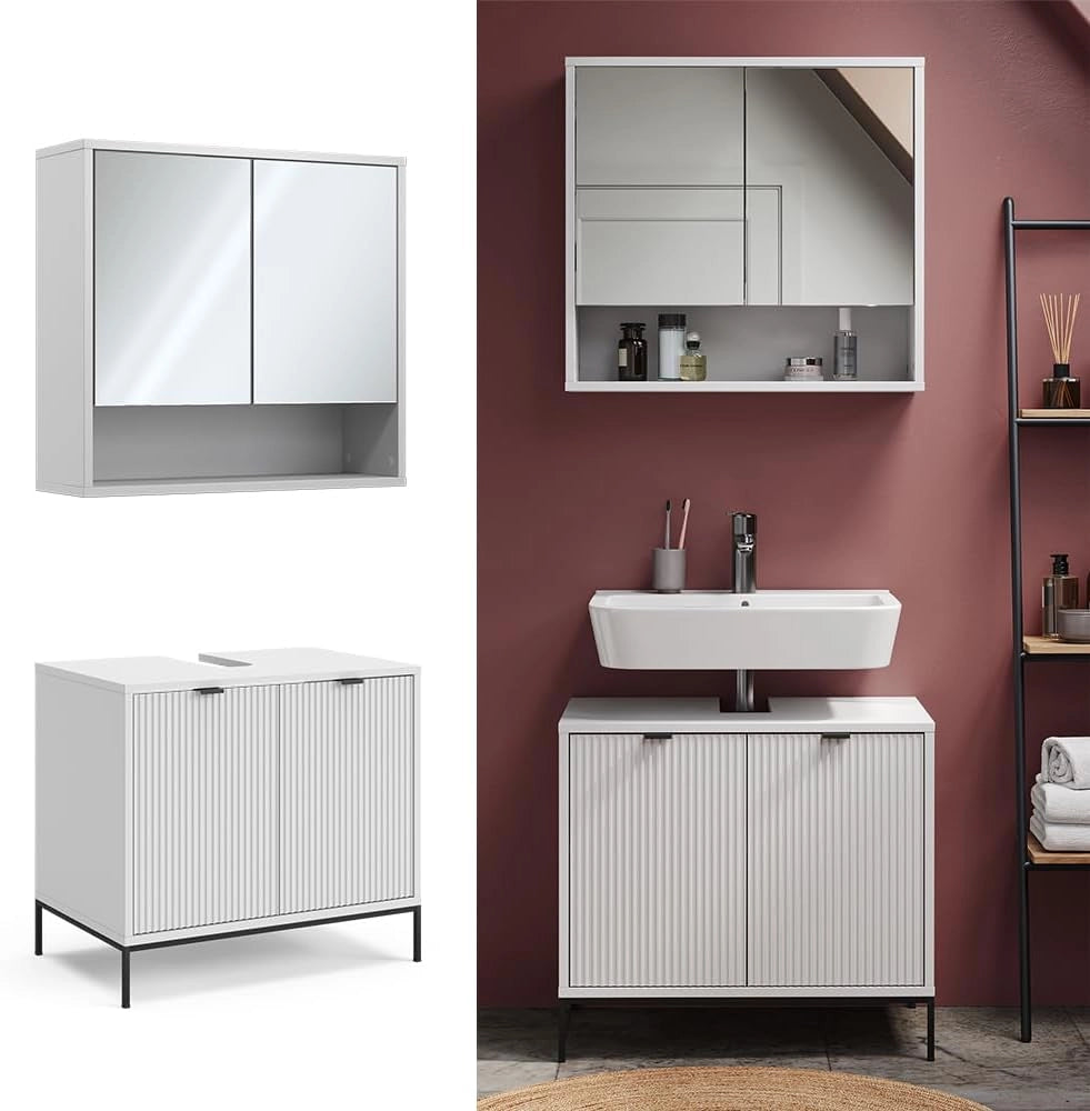Set di mobili da bagno Eliza, Bianco, 70 cm, composto da specchio da bagno e mobile sottolavabo