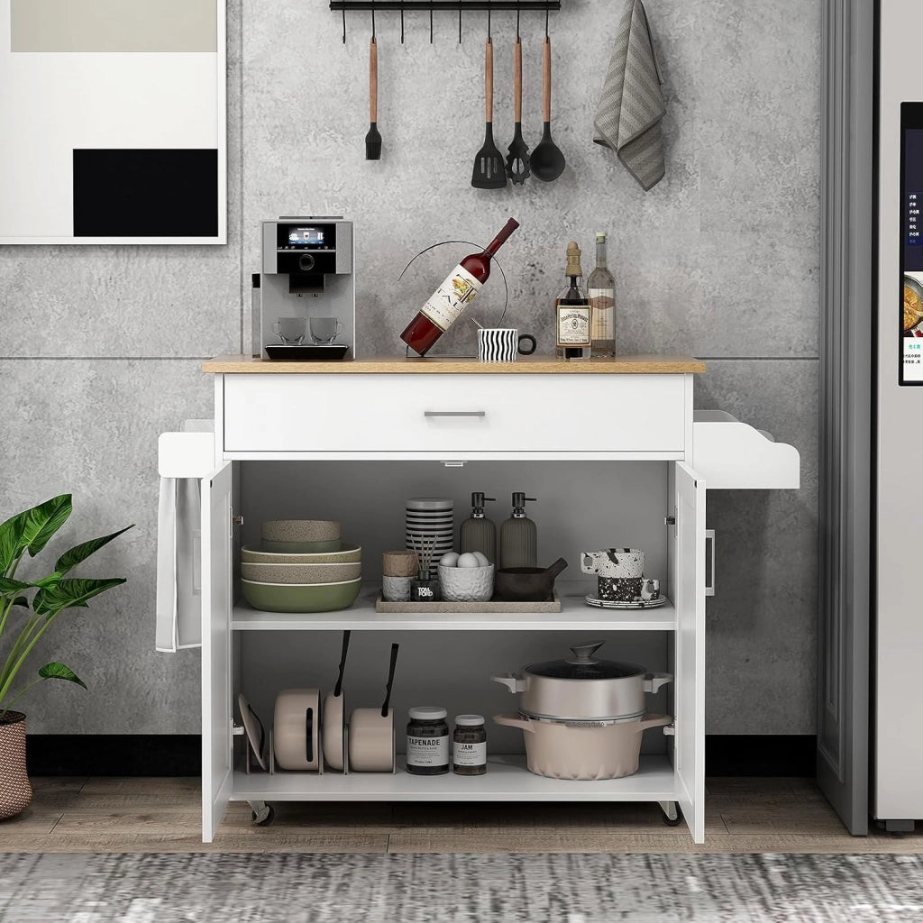 Carrello da Cucina con Ruote di Gomma, Isola Cucina con Cassetto e Ripiano Regolabile, Mobile Credenza Salvaspazio Porta Microonde, Portaspezie, Portasciugamani, 116 x 40 x 85 cm (Bianco)
