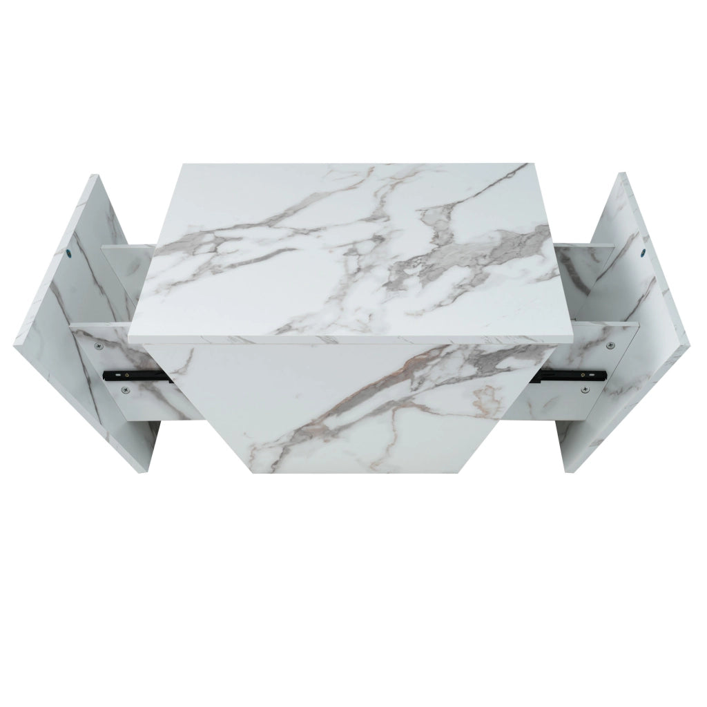 Tavolino basso trapezoidale con 2 cassetti e vani contenitore, in MDF marmorizzato, bianco, 70 × 70 × 37 cm