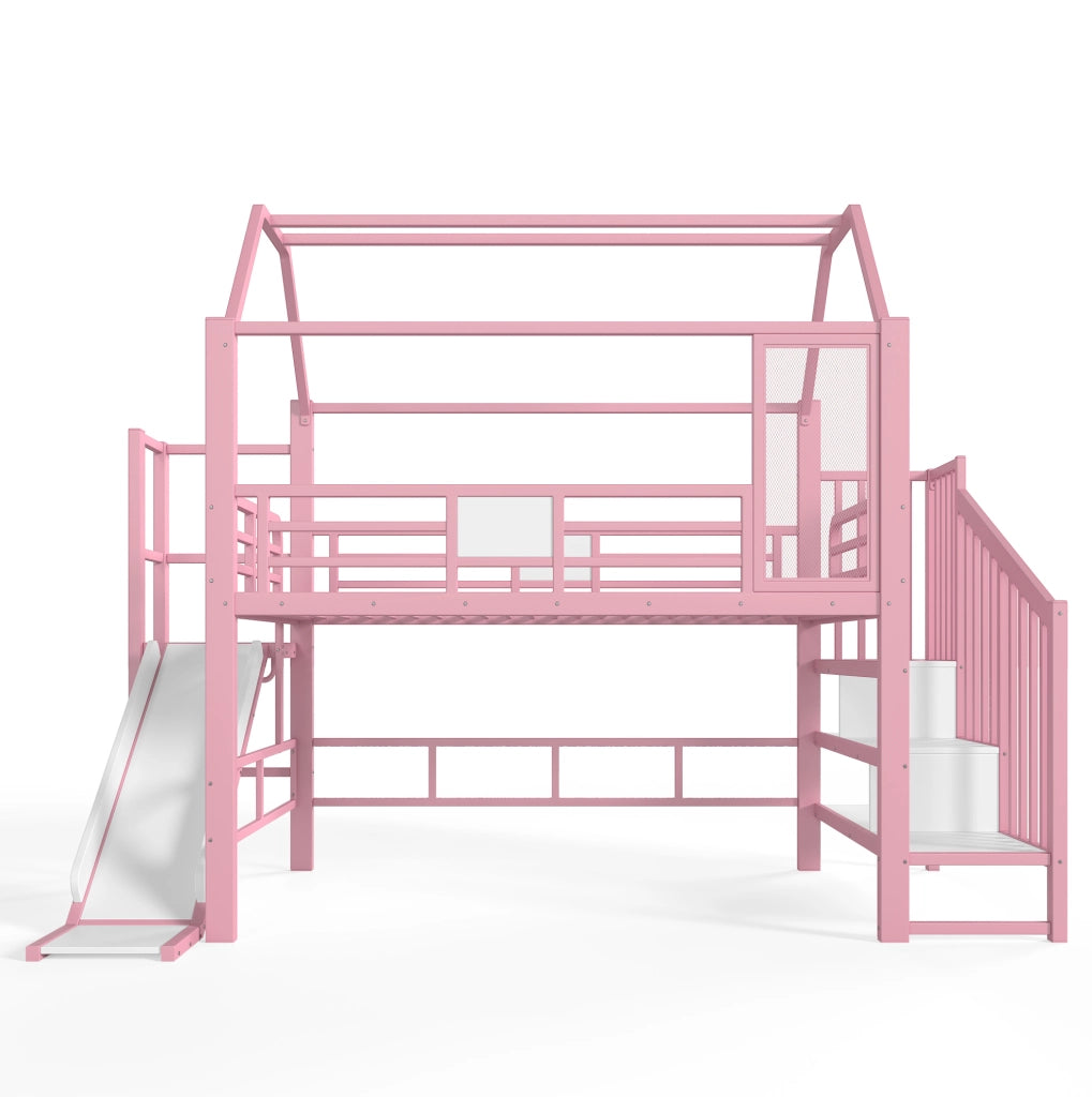 LETTO A CASTELLO Casa 140x200 cm Rosa in MDF e Metallo con Scivolo e LED Bluetooth