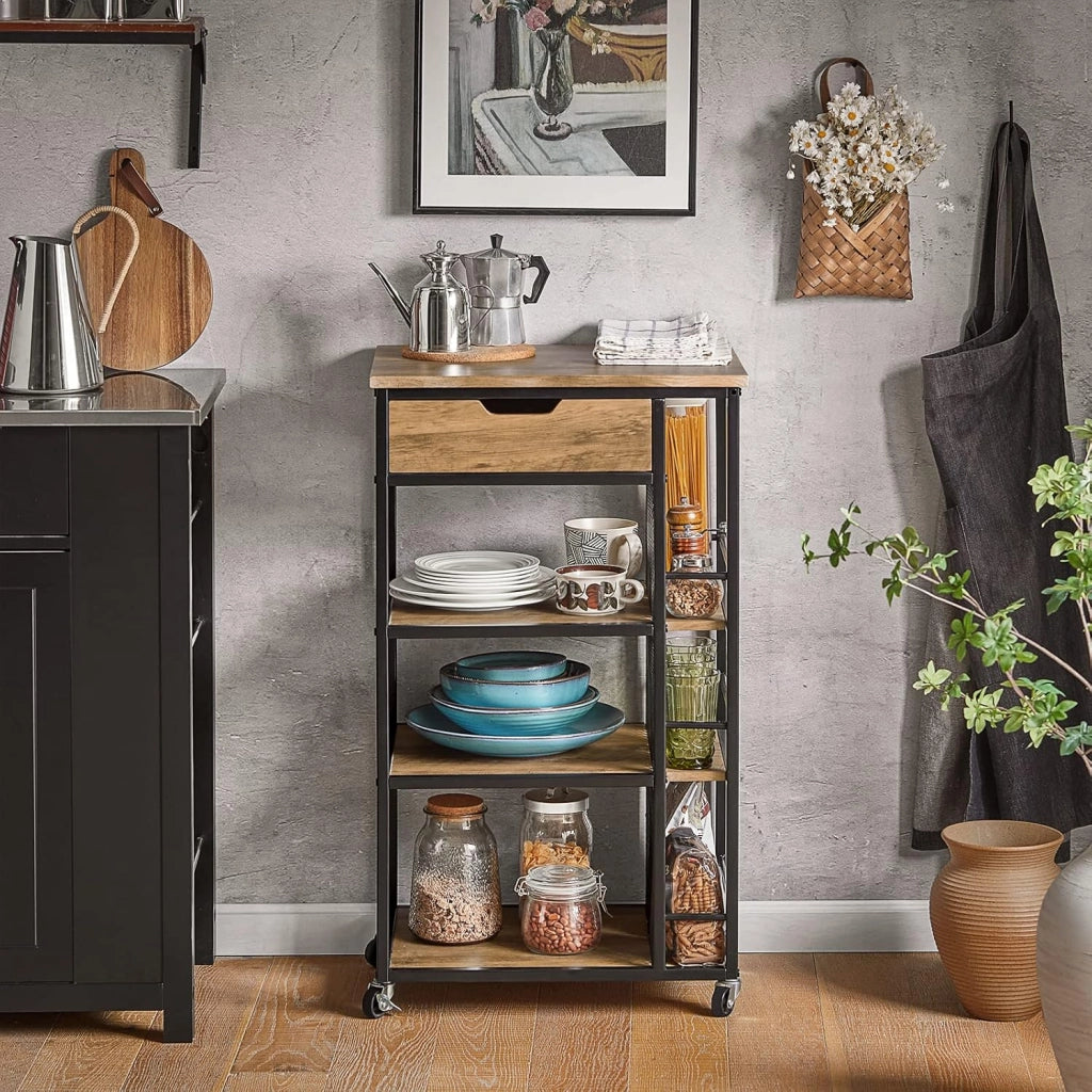 Carrello Cucina con Ruote, Mobiletto Cucina Salvaspazio con 1 Cassetto, 3 Ripiani e Ripiani Laterali, Credenza Cucina o Bagno, Mobiletto Cucina Dispensa Stile Vintage 50 x 37 x 87 cm FKW99-N