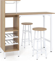 Set 3 Pezzi Tavolo e Sedie da Bar, Tavolo e Sgabelli da Pub Industriale con Porta Calici e 6 Portabottiglie da Vino, Set di Tavolo per Sala da Pranzo, Ristorante e Bar (Legno)