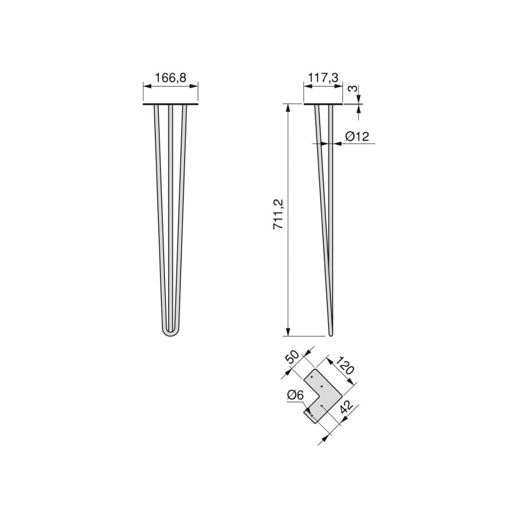 Set di Gambe Hairpin di 3 Bastoncini per Tavolo H710 Verniciato Nero Acciaio Emuca