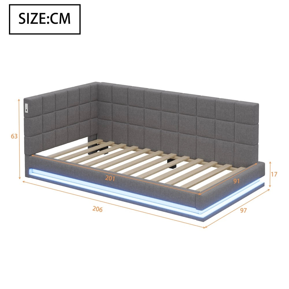 Letto Imbottito con LED e Rete a Doghe ¨C MINIMAL ¨C Tessuto Grigio 90x200