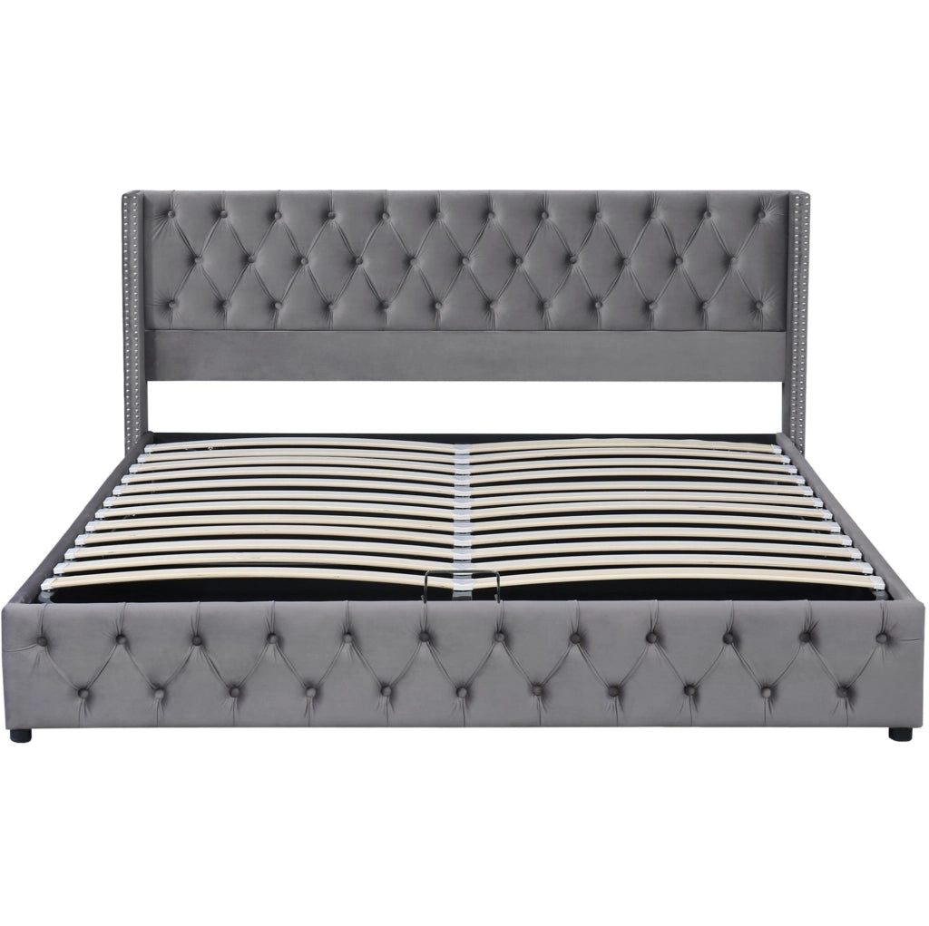 Letto matrimoniale contenitore 160x200 cm in velluto grigio stile Chesterfield