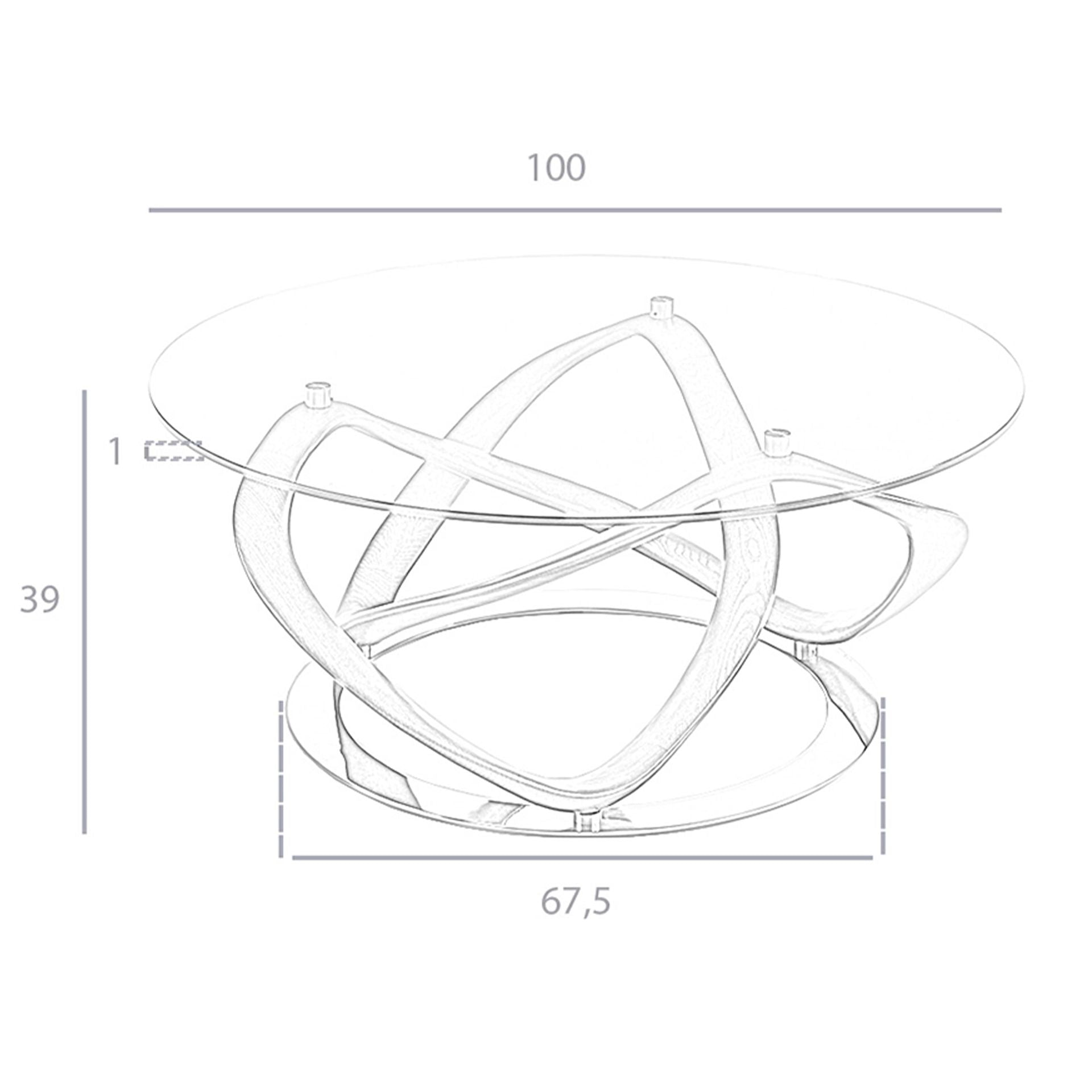 Tavolino rotondo in vetro temperato, noce e acciaio cromato