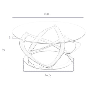 Tavolino rotondo in vetro temperato, noce e acciaio cromato