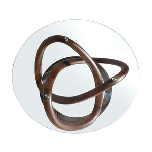 Tavolino rotondo in vetro temperato, noce e acciaio cromato