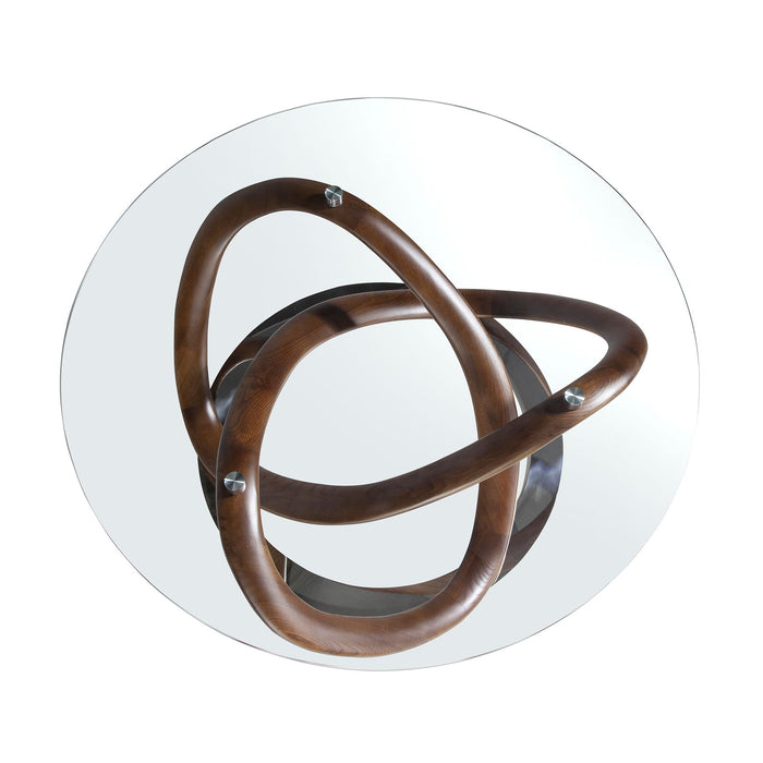 Tavolino rotondo in vetro temperato, noce e acciaio cromato