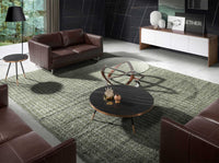 Tavolino rotondo in vetro temperato, noce e acciaio cromato