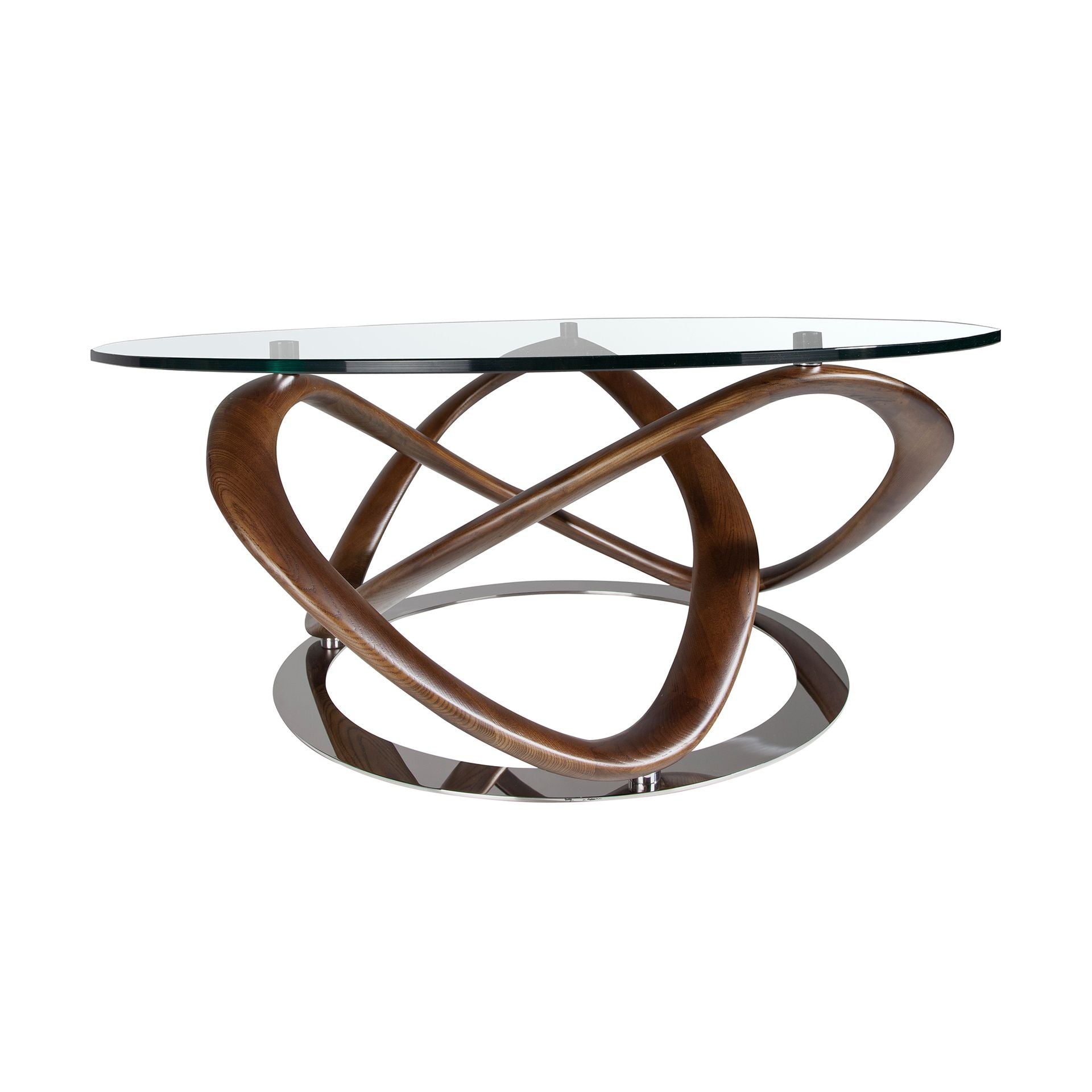 Tavolino rotondo in vetro temperato, noce e acciaio cromato