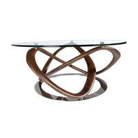 Tavolino rotondo in vetro temperato, noce e acciaio cromato