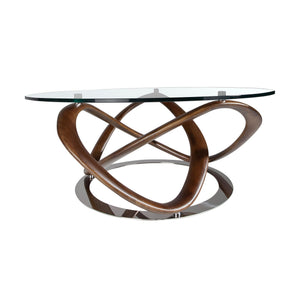 Tavolino rotondo in vetro temperato, noce e acciaio cromato