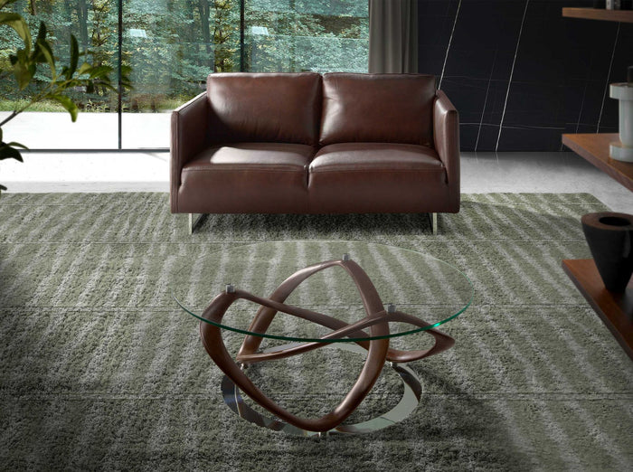 Tavolino rotondo in vetro temperato, noce e acciaio cromato