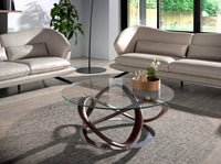 Tavolino rotondo in vetro temperato, noce e acciaio cromato