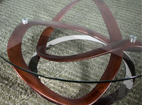 Tavolino rotondo in vetro temperato, noce e acciaio cromato