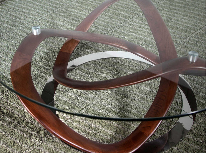 Tavolino rotondo in vetro temperato, noce e acciaio cromato