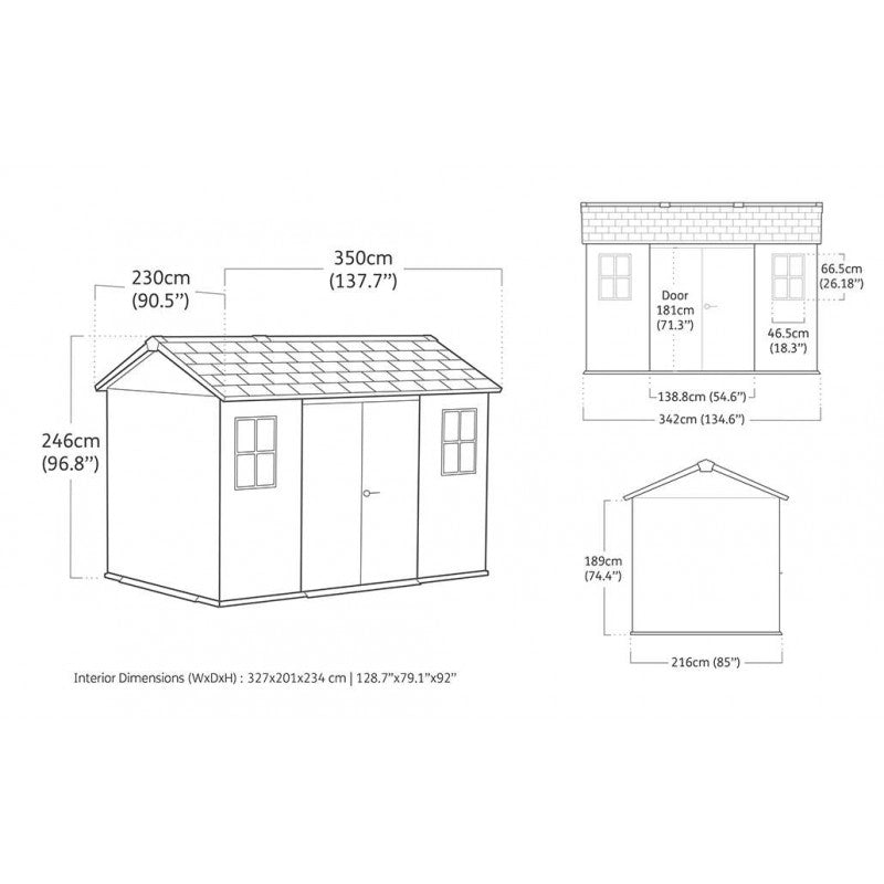 Casetta da giardino in resina EVOTECH+ 350x230 cm - con pavimento e doppia porta - carico neve 150 kg/m² – Newton Plus 7511/1175 - Grigio - Keter