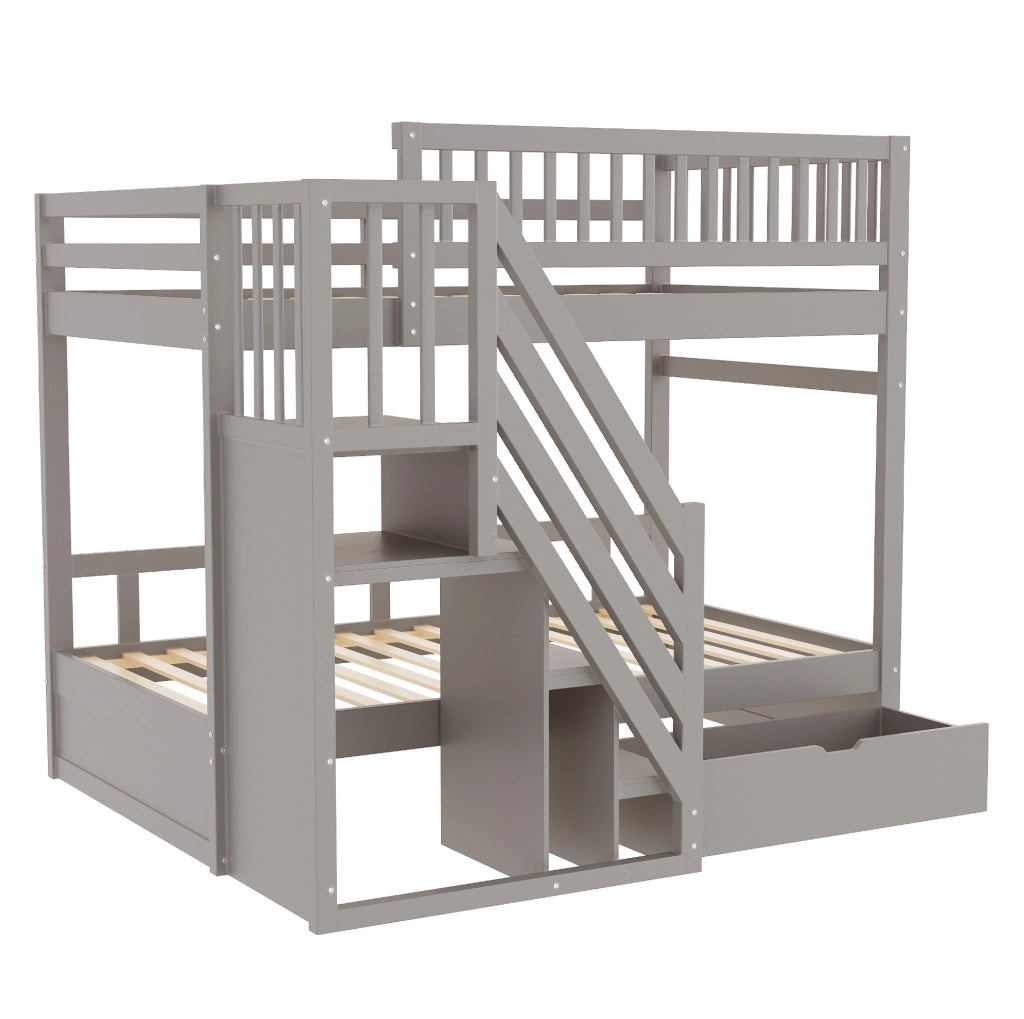 Letto a castello 90x200 cm con scala contenitore; sponde di sicurezza e cassetti in legno grigio